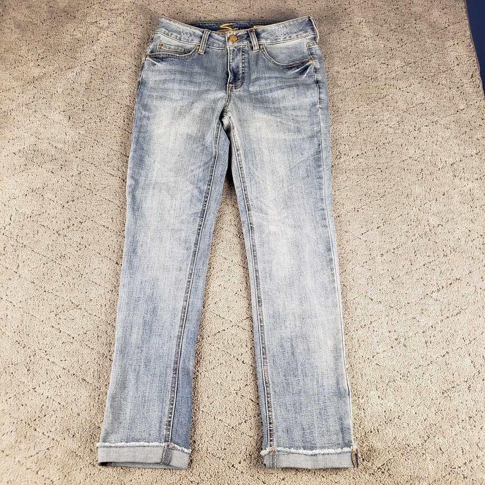 Seven 7 Jeans Womens 4 Blue Raw Hem Stretch Denim Straight Mid Rise Faded